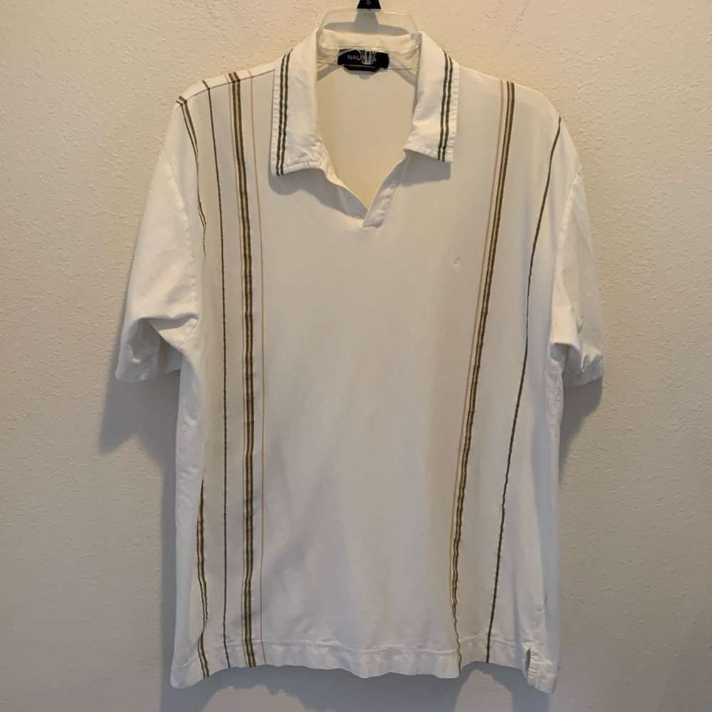 Nautica Mens Pullover in Large/Extra Large. White with tan&green stripes.‌‌‌‌‌‌‍